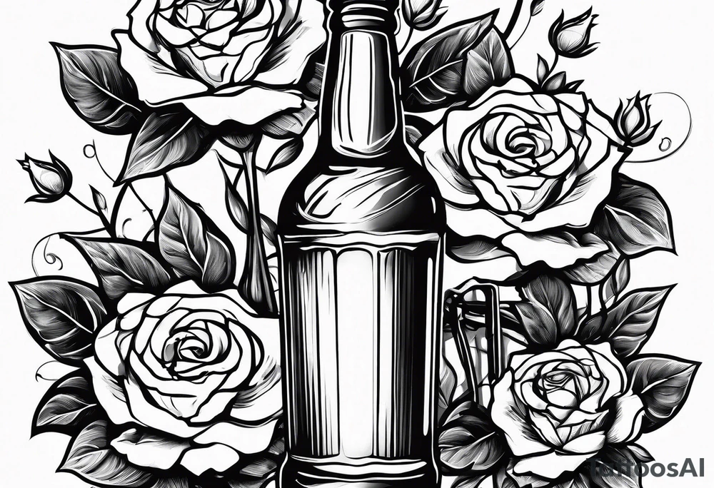 A bottle of beer and a stalk of rose in the bucket tattoo idea
