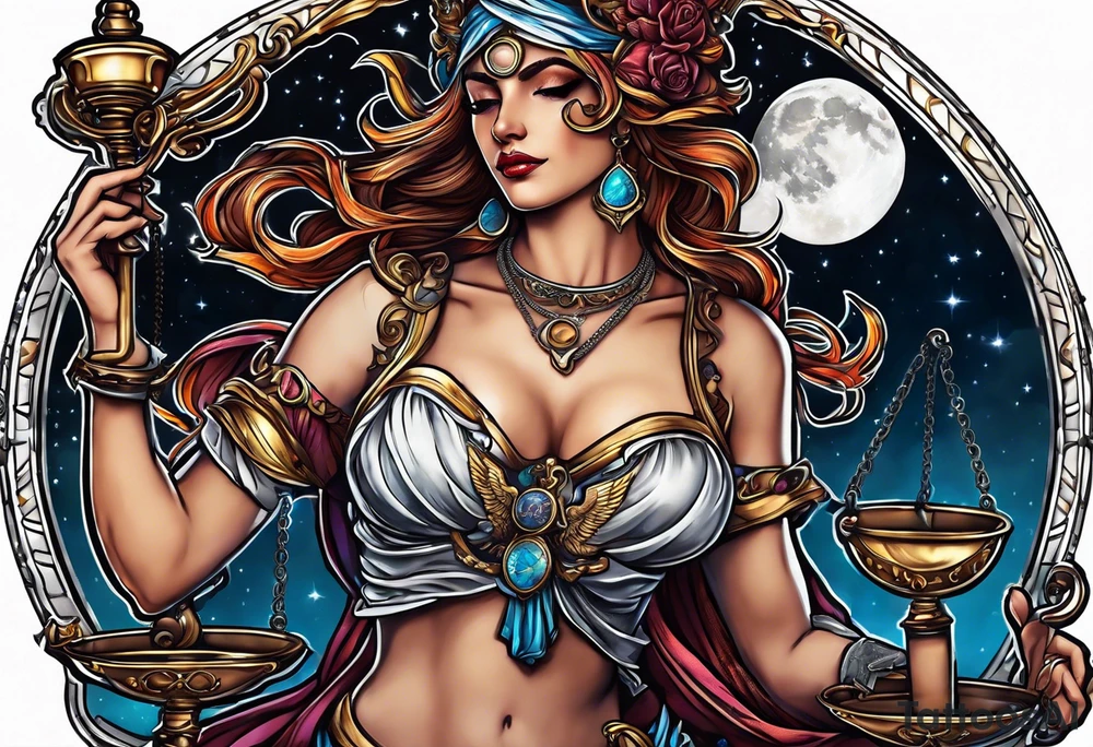 Themis holding the scales of justice while blindfolded with a moon in the background in color tattoo idea