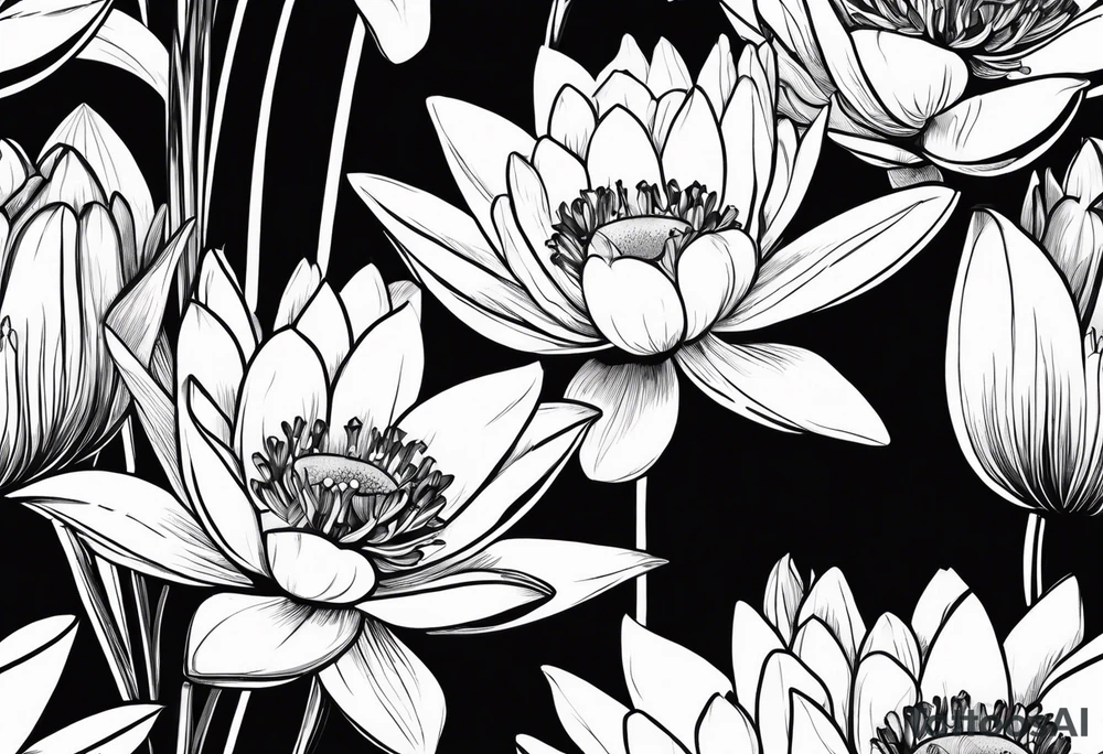 Water Lilly, Lilly of the valley and narcissus bouquet, minimalist. with stems tattoo idea