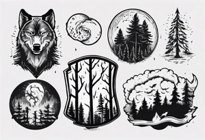 thunderstorm over a forest with a wolf howling on drums tattoo idea
