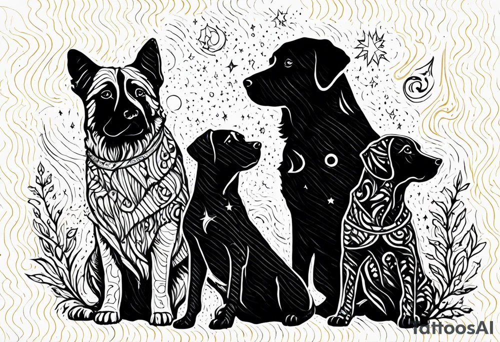 Me and my 3 dogs as silhouettes looking up at a night sky with galaxies comets and other space elements. Must fit on an upper arm. tattoo idea