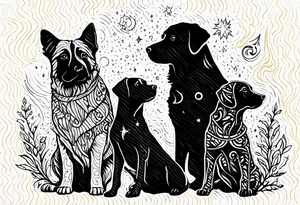 Me and my 3 dogs as silhouettes looking up at a night sky with galaxies comets and other space elements. Must fit on an upper arm. tattoo idea