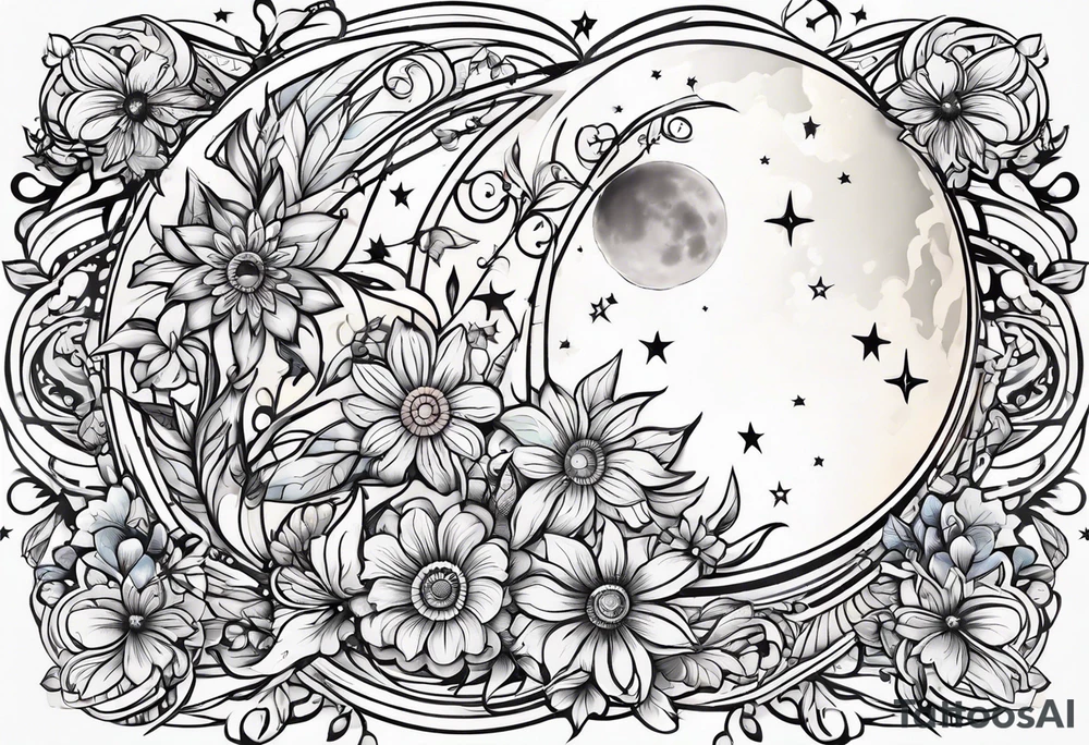 Moon stars flowers tattoo idea