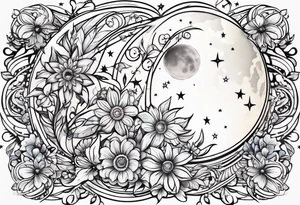 Moon stars flowers tattoo idea