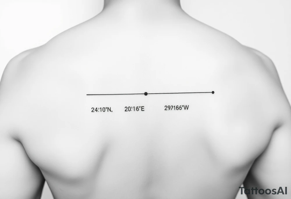 A minimal fine-line tattoo showing a straight, thin horizontal timeline with two small evenly spaced dots. Below the first dot, write the coordinates: "24°10′N, 20°16′E". Below the second dot, write: "53.4084°N, 2.9916°W". Above each coordinate, place a small circle or marker dot to signify key points. Beneath the entire timeline, add a single row arranged like this: — ● — ●   ● —   ● — ●   — — —   ● — ● ●   ● ●   — ● ●   ● — tattoo idea