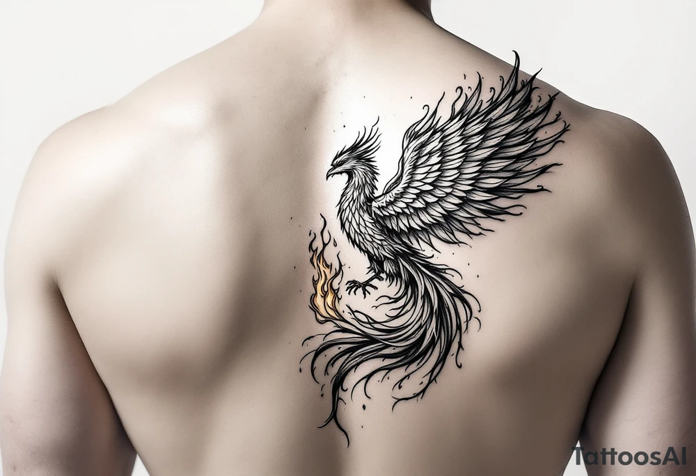 magnificent phoenix rising from golden flames with trailing embers tattoo idea