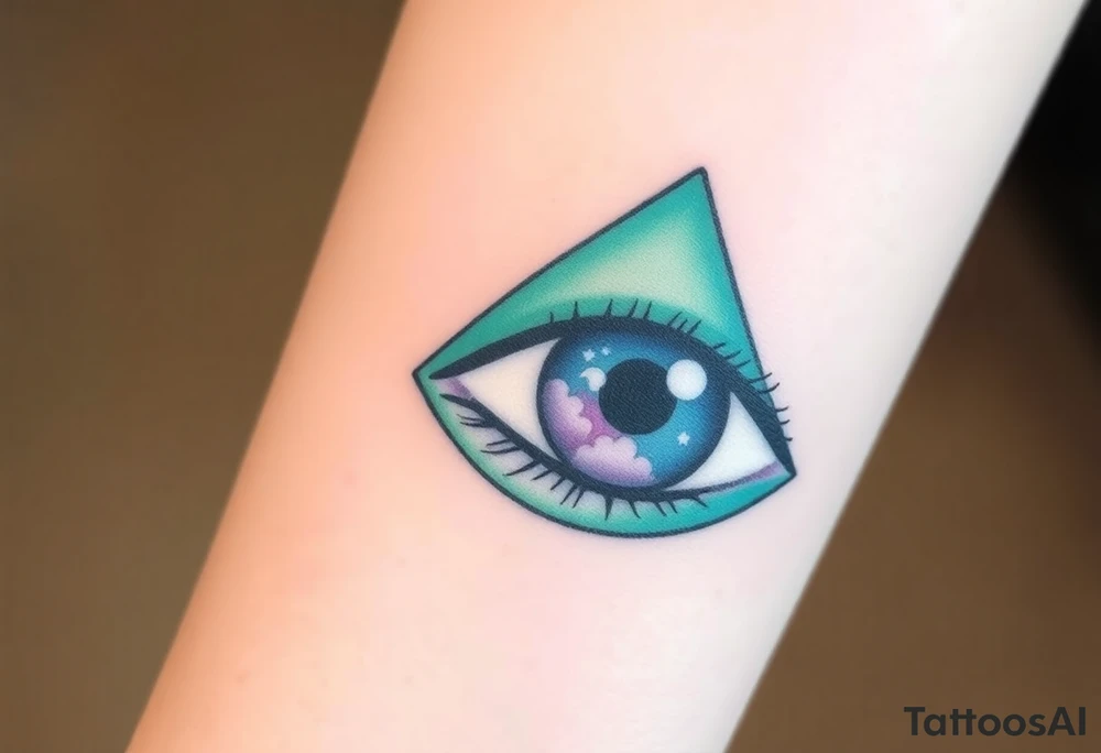 Large outline of a greenish blue eye shaped like an almond with eyeball in the shape of a spade symbol and long pretty black eyelashes + a crescent moon stars and clouds inside of the eyeball only + using vivid colors like blue green purple light blue light green light purple tattoo idea