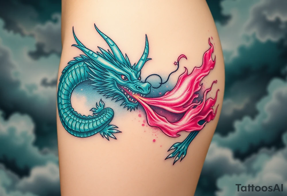 fierce dragon breathing iridescent fire against stormy skies green teal pink tattoo idea