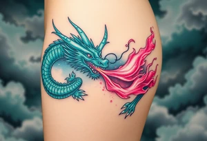 fierce dragon breathing iridescent fire against stormy skies green teal pink tattoo idea