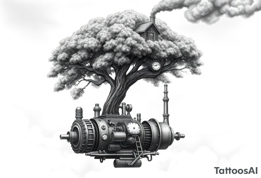 tree growing out of a v shaped engine with lots of pipes, guages and steam around the engine 
 with a smoke stack coming out of the top 
 billowing black smoke as if the tree and engine were a flying machine flying through the air 
 with an extreme steam punk vibe alot more steam punk 
it should look somewhat like a hot air baloon where the tree is the balloon and the machine is the basket but they are together as one unit, and the sky should have clouds in the back ground as if it were chugging along flying through the sky and needs to look extremely steam punk
the smoke stack should be coming out of the tree and the smoke should be trailing behind the machine 
the tree is the actual smoke stack for the machine 
the smoke stack should be a branch pointing up and out with smoke billowing out of it 
and the motor should be a motor that is kind of shaped like the letter V
and there should be a little tree house built in the tree with steam punk looking windows and some stairs down to a platform on the top of the engine tattoo idea