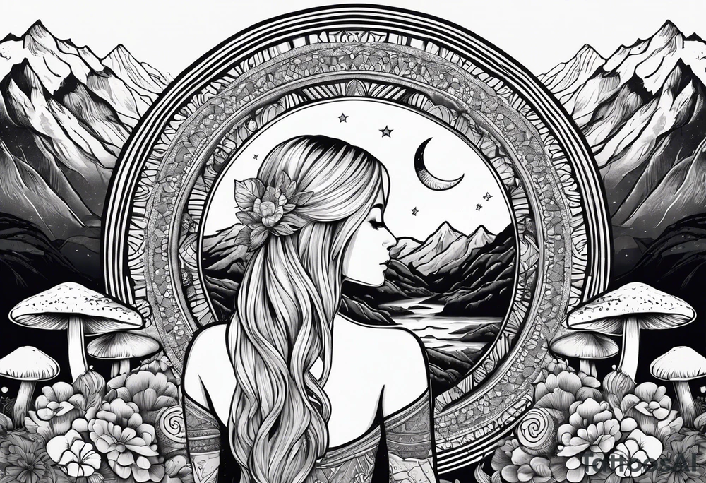 Straight blonde hair girl meditating facing away toward mountains surrounded by mushrooms crescent moon mandala circular design black and white striped dress tattoo idea