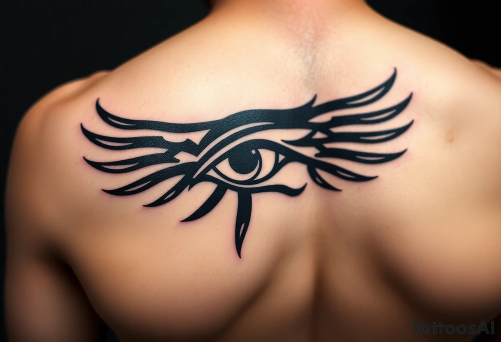 A tribal-style Eye of Horus, with bold black ink and subtle red highlights, inspired by ancient warrior markings tattoo idea