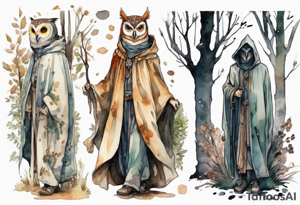 a tall thin man in a  medeival cloak wearing an owl mask walking in a forest tattoo idea