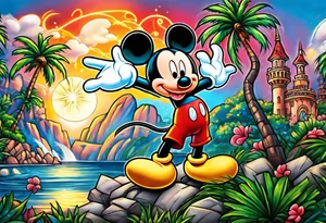 mickey mouse holding lightning with palm trees doing martial arts at the disney castle tattoo idea