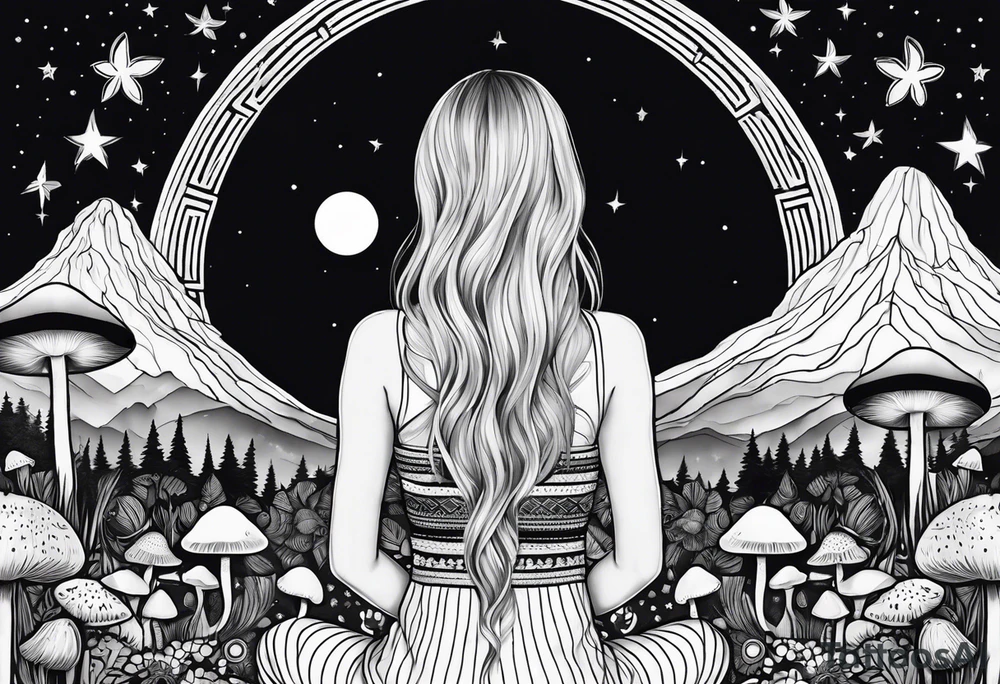 Straight blonde hair girl meditating facing away toward mountains surrounded by mushrooms crescent moon mandala circular design black and white striped dress tattoo idea