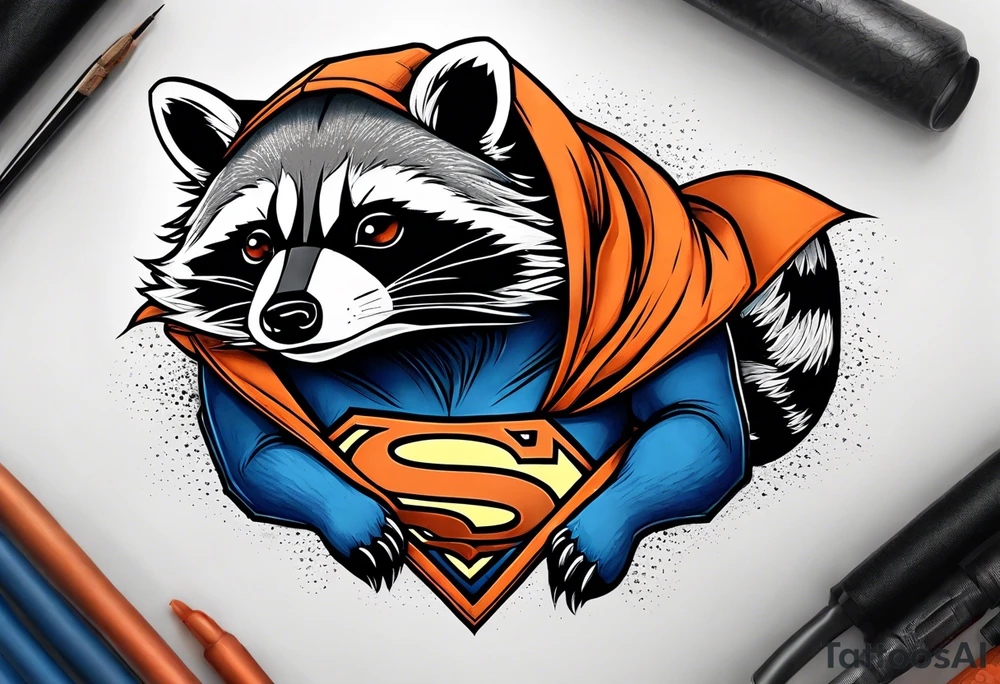 Raccoon wearing an orange Superman hoodie tattoo idea