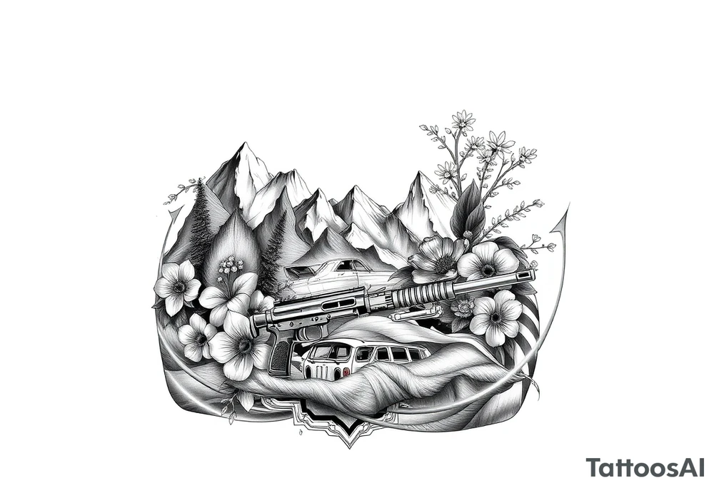 Nature mountains birth flowers, car parts guns American flag river tattoo idea