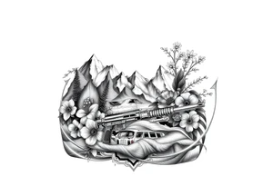 Nature mountains birth flowers, car parts guns American flag river tattoo idea