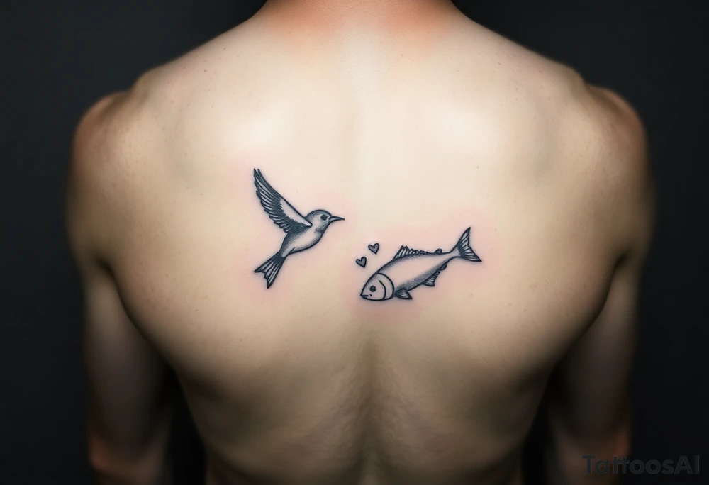 small bird and fish tattoo, for chest, man. not many details. a lot of black color tattoo idea