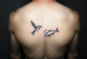 small bird and fish tattoo, for chest, man. not many details. a lot of black color tattoo idea