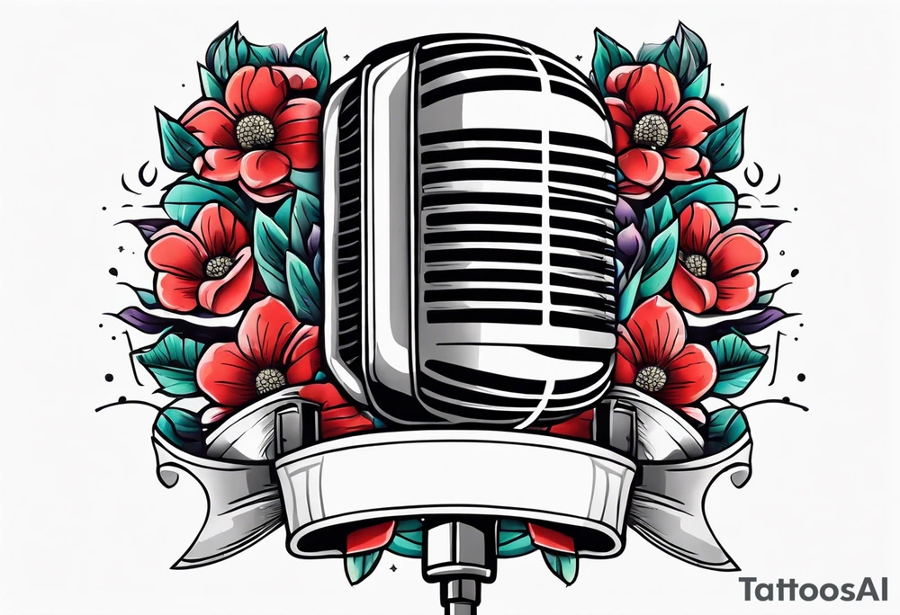traditional vintage tattoo of lips singing in microphone simple  flowers and banner
no face tattoo idea