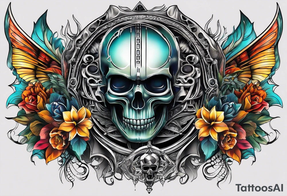 H.R. Giger tattoo with evil skull, various flowers, geometric shapes, water flow and fall colors tattoo idea