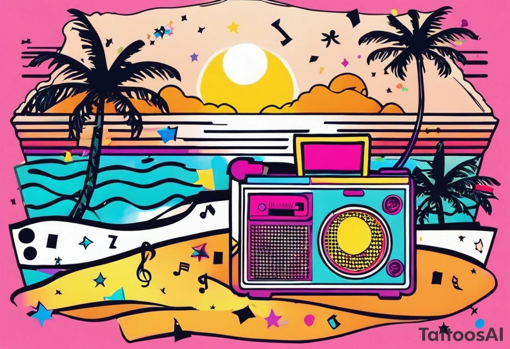 1980's miami vice style beach dance 
party, include confetti, music notes, boom box, bikinis sunset in the center tattoo idea