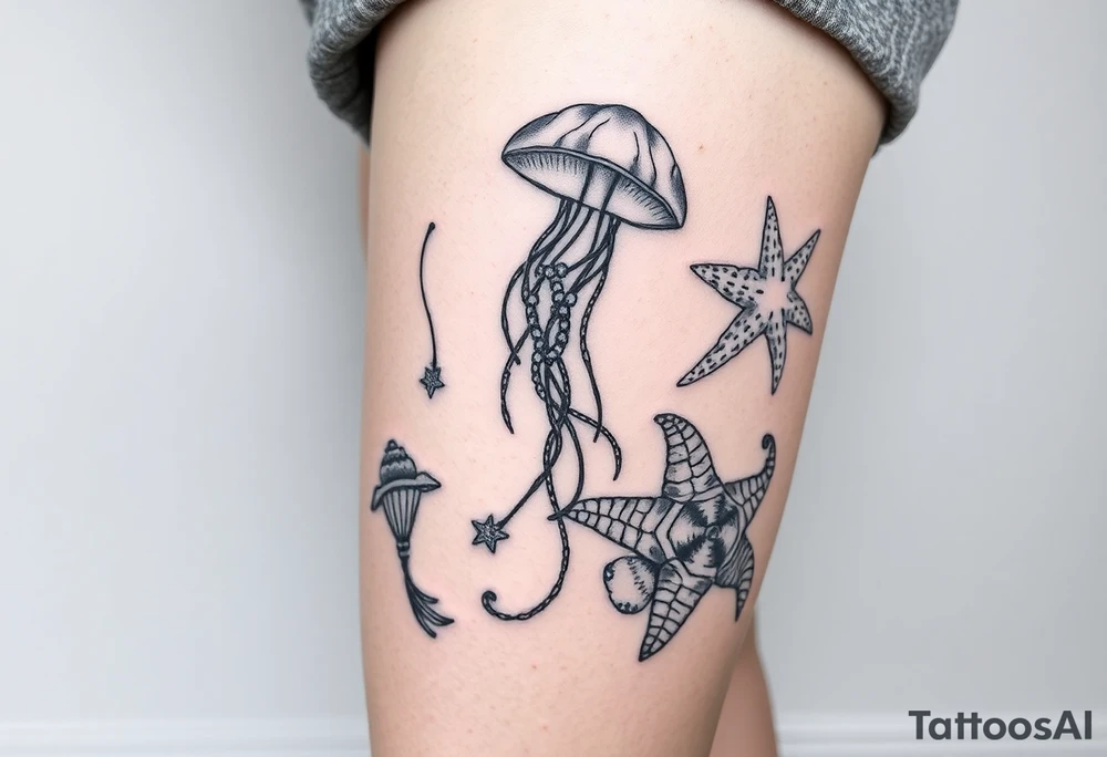 Ocean themed including jellyfish, mermaid, starfish, sea turtle, shells tattoo idea
