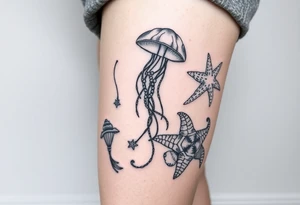 Ocean themed including jellyfish, mermaid, starfish, sea turtle, shells tattoo idea