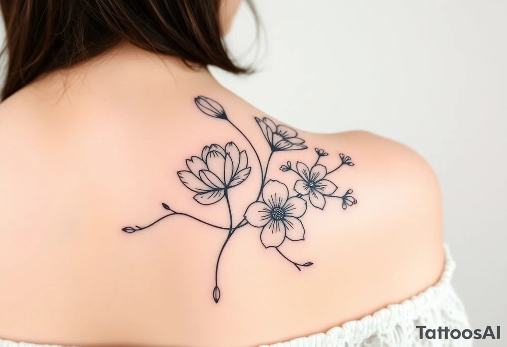 botanical tattoo with flowers such as tulips and lilies and cherry blossoms on the upper arm tattoo idea