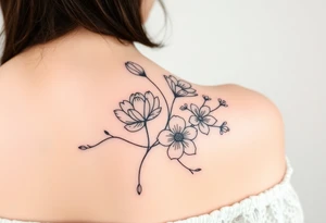 botanical tattoo with flowers such as tulips and lilies and cherry blossoms on the upper arm tattoo idea