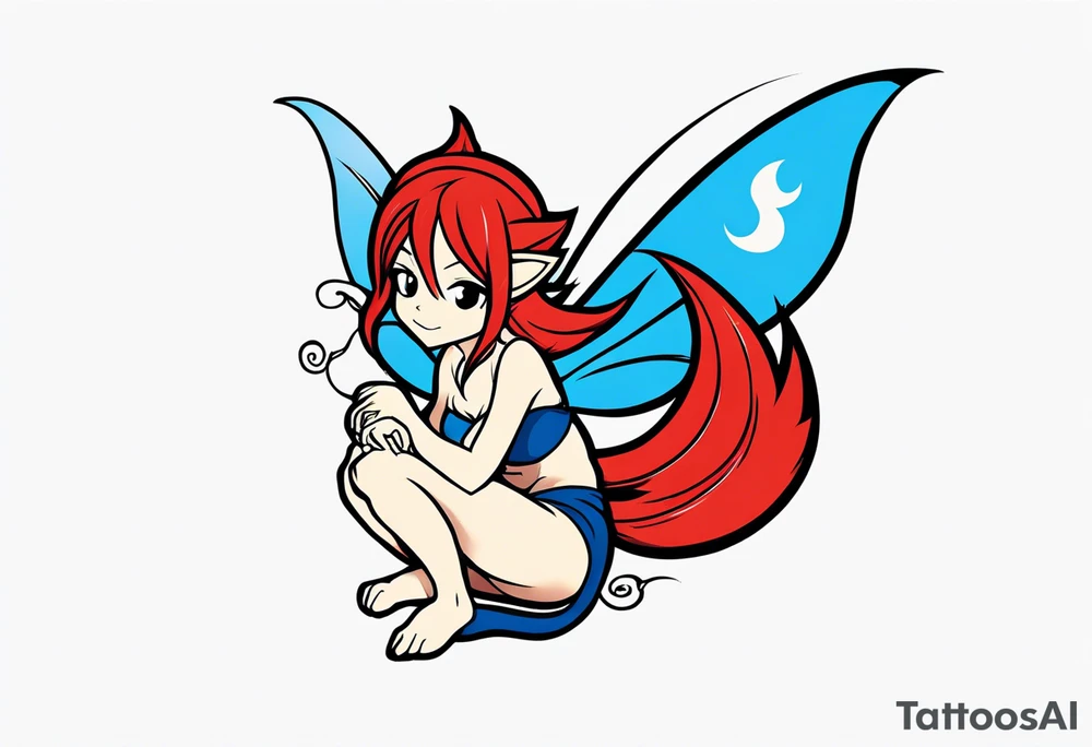 A fairy with a tail inspired by the logo of the show called Fairy Tail in a fetal position leaning in tattoo idea