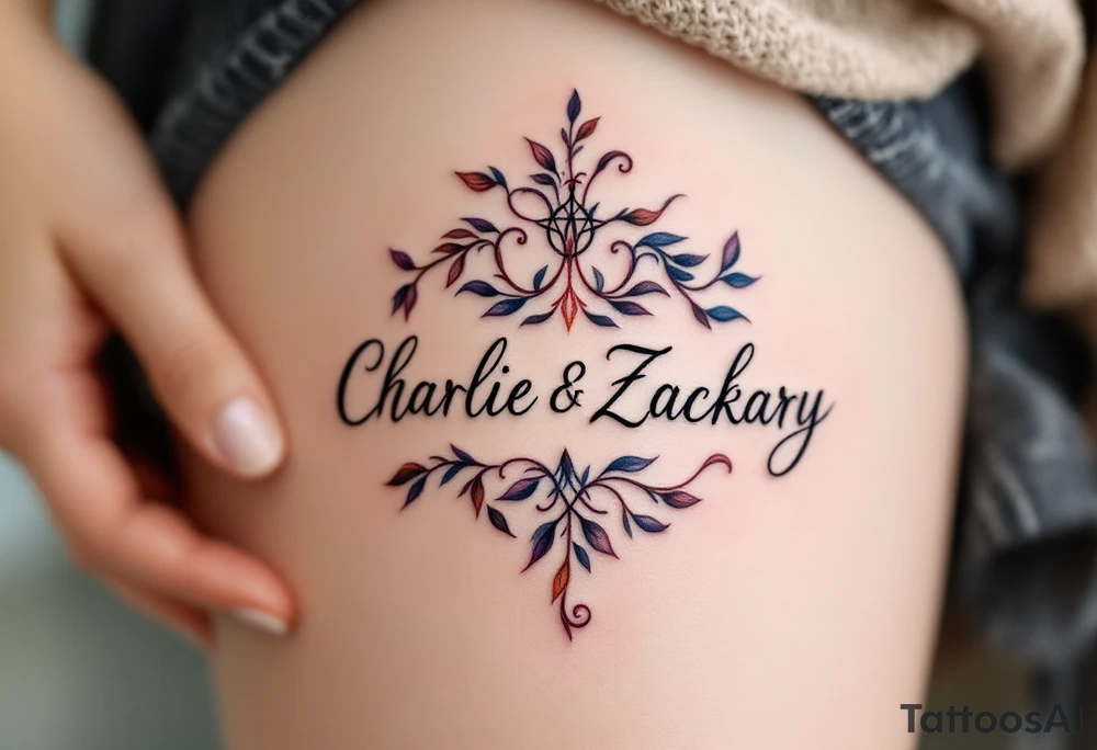 Create a delicate tattoo design that seamlessly integrates the names "Charlie" and "Zackary" in graceful, flowing cursive. Enclose the names within a softly stylized symbol that embodies strength and unity . The overall design should evoke warmth and protection while remaining refined and understated tattoo idea