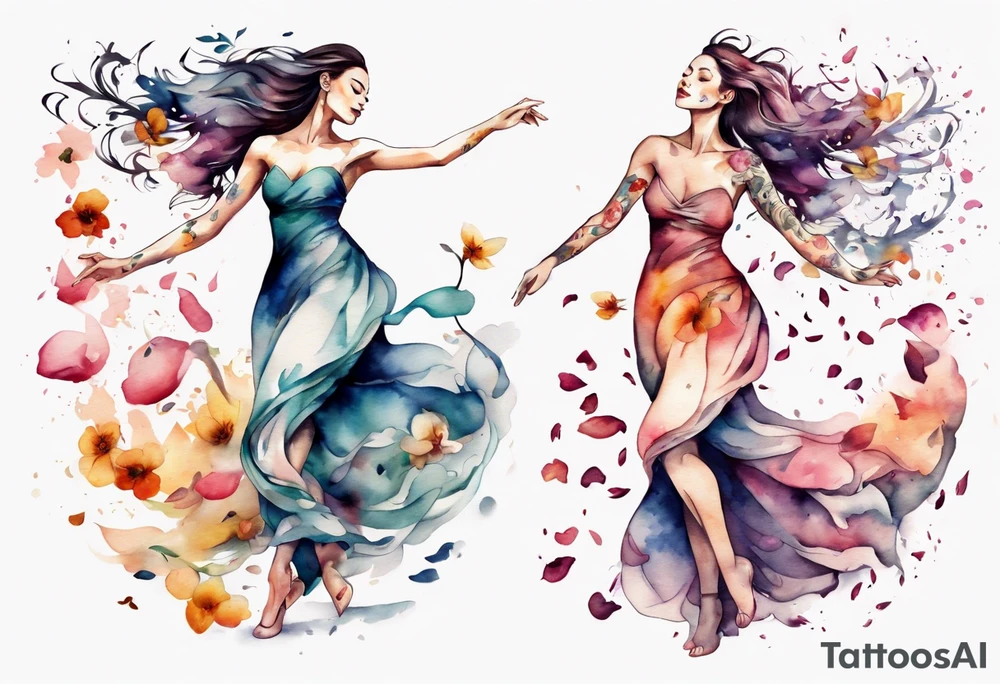 One Very feminine woman dancing in a wind of flower petals tattoo idea