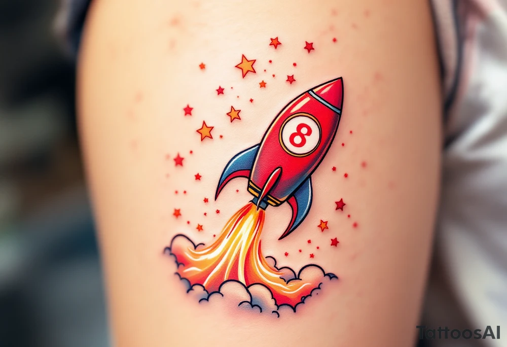 A playful rocket ship blasting off in vibrant reds and oranges, trailing stars that form the son’s initials in the sky. tattoo idea
