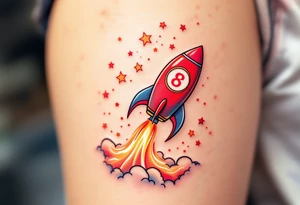 A playful rocket ship blasting off in vibrant reds and oranges, trailing stars that form the son’s initials in the sky. tattoo idea