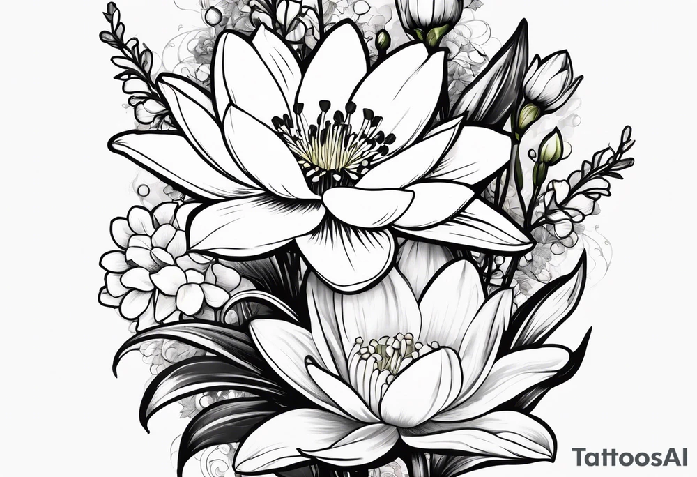 Water Lily, Lily of the Valley, Narcissus, and Gladiolus flower bouquet tattoo idea