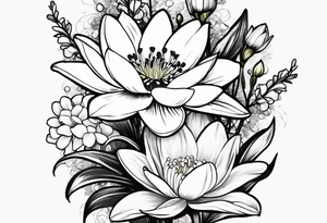 Water Lily, Lily of the Valley, Narcissus, and Gladiolus flower bouquet tattoo idea