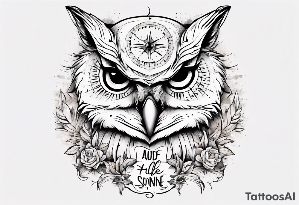 halb 
Fuchs halb Eule unter der Sonne mit dem Schriftzug Sapere Aude tattoo idea