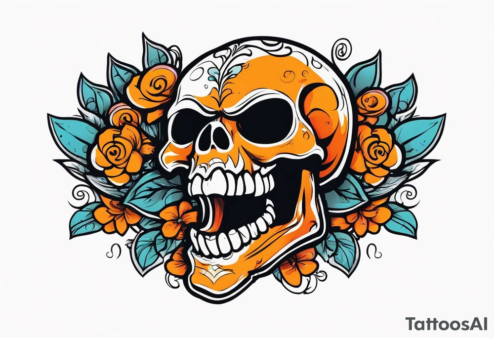 skull laughing black and orange tattoo idea