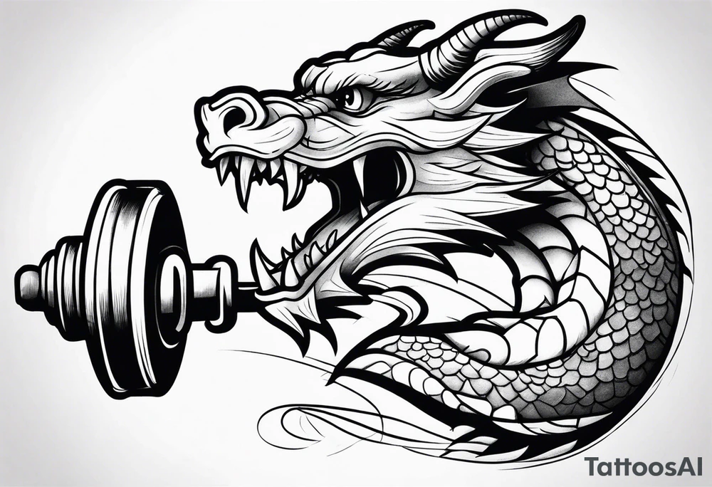 Dragon biting a dumbbell tattoo idea