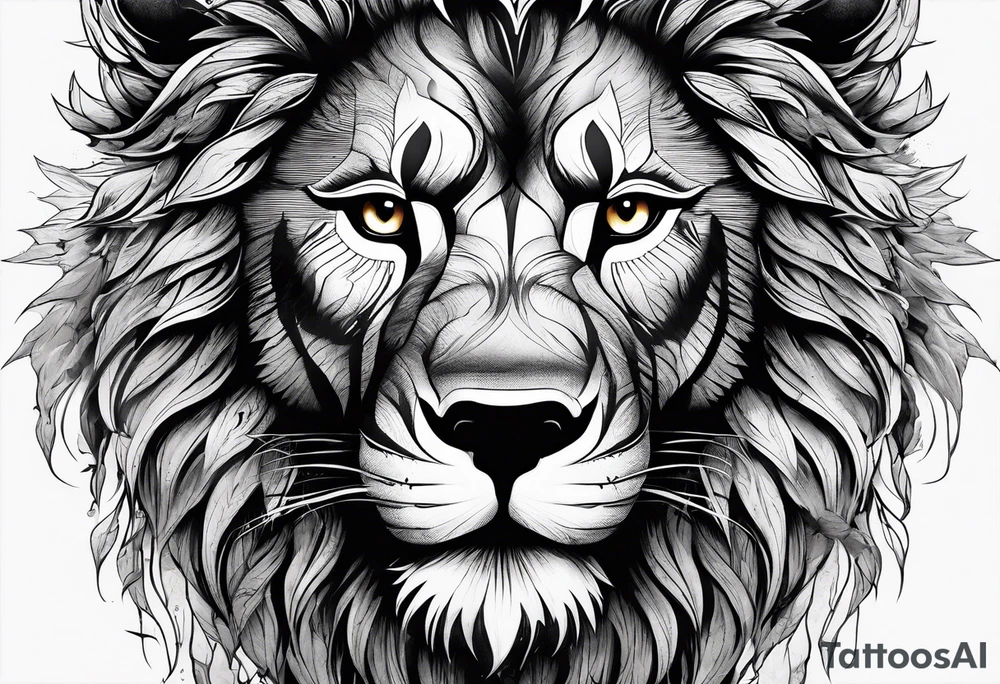 a face of a fearless lion combined whit a face of a fearless wolf in the wood tattoo idea