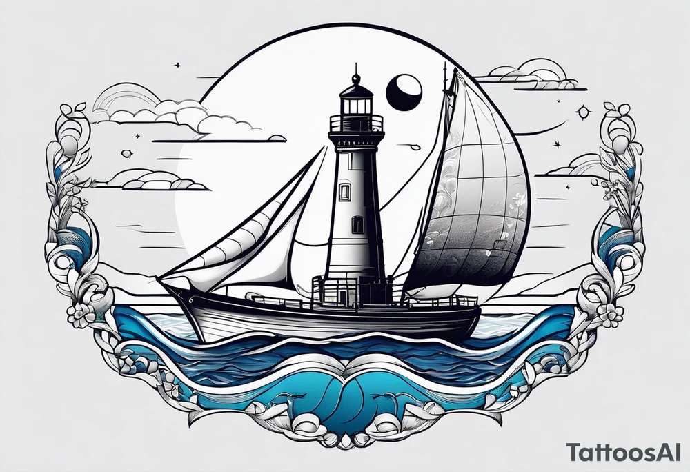 bateau, phare maritime et lune bleu.délicat,minimaliste.phoenix. tattoo idea