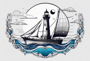 bateau, phare maritime et lune bleu.délicat,minimaliste.phoenix. tattoo idea