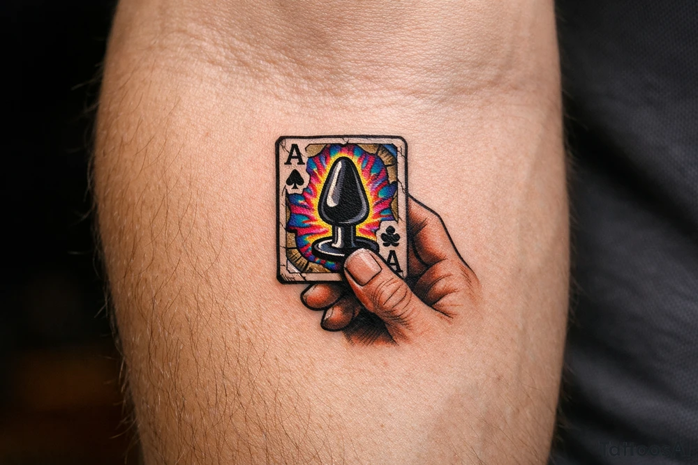A close-up of a hand holding a playing card with a butt plug suit. tattoo idea