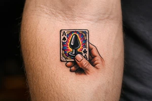 A close-up of a hand holding a playing card with a butt plug suit. tattoo idea