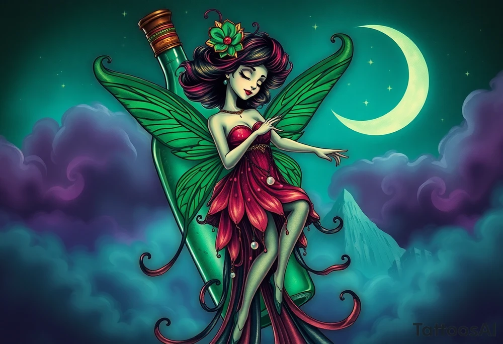 Tim Burton’s kelly doty pin up style Vintage Parisian elegant and hauntingly beautiful yet eerie full body absinthe Green Fairy dances outside her victorian crystal decatur she was once inside this elaborate ornate bottle absinthe bottle Absinthe Art Nouveau   and dripping with muted reds, dusty pinks, and eerie green glow.purple and cyan smokey clouds swirl in the crescent moonlit sky thats sprinkled with stars tattoo idea