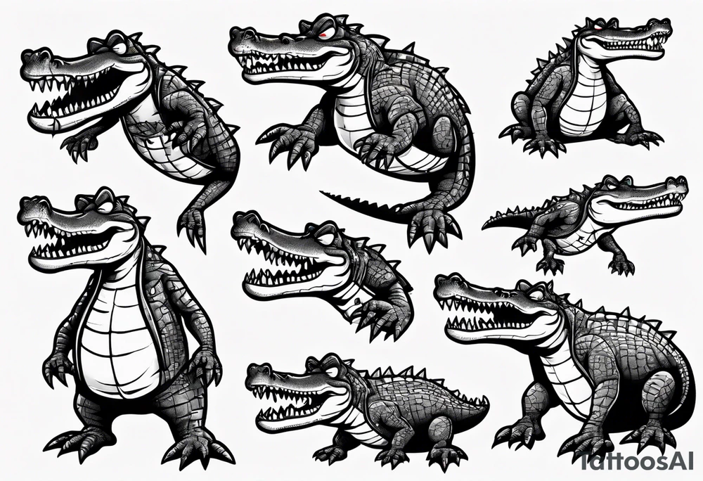 drunk cartoon crocodile full body tattoo idea