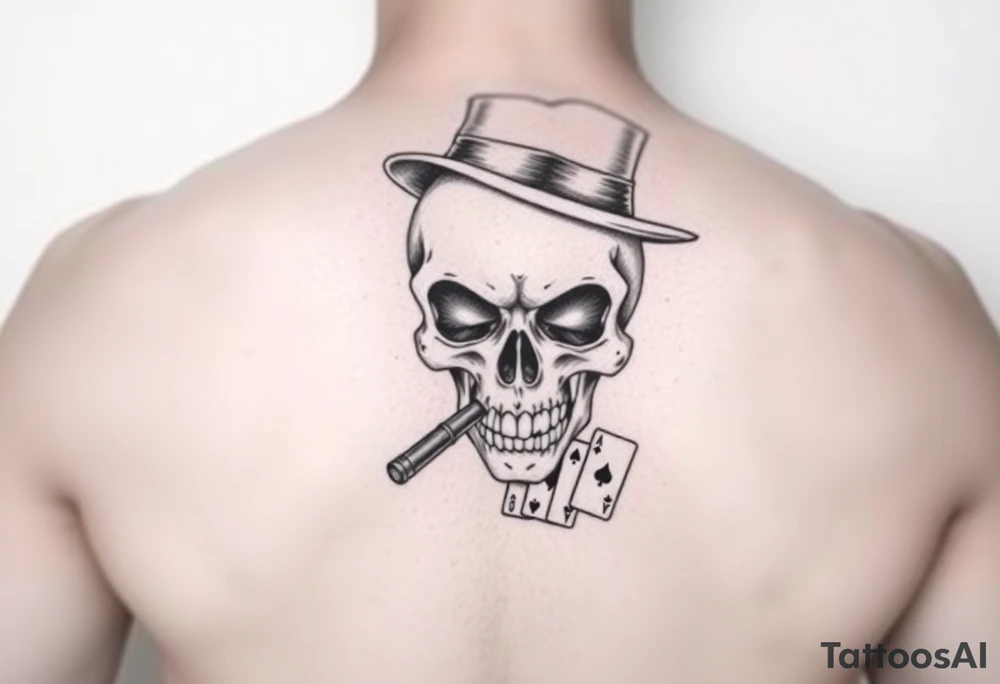 skull with top-hat,cigar in his mouth and playing cards. tattoo idea