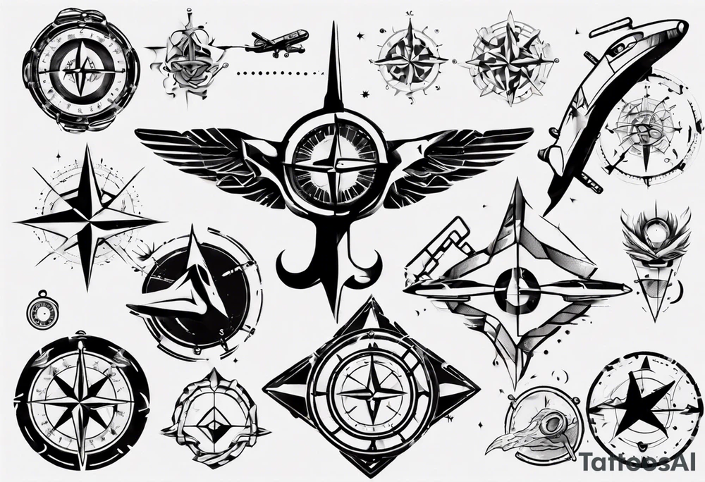 skydiving, shooting guns, compass, adventure tattoo idea